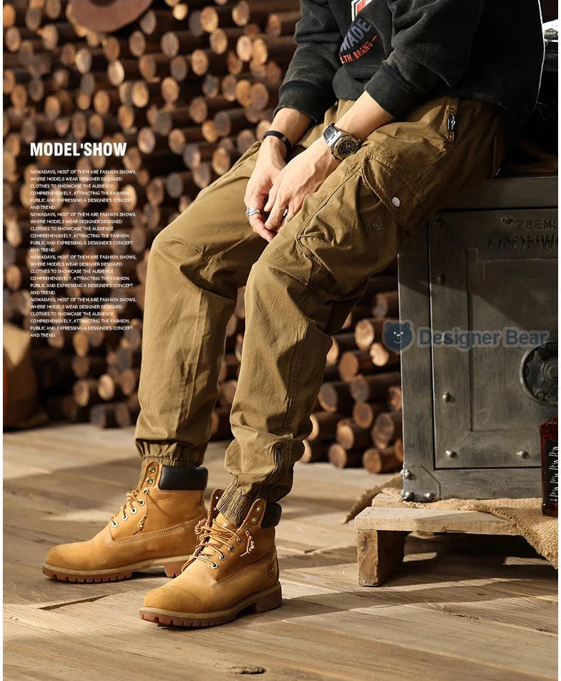 Brand Clothing 2026 Spring Summer Men's Baggy Cargo Pants Multi-Pocket Work Joggers Casual Cotton Tapered Trousers Long Pants