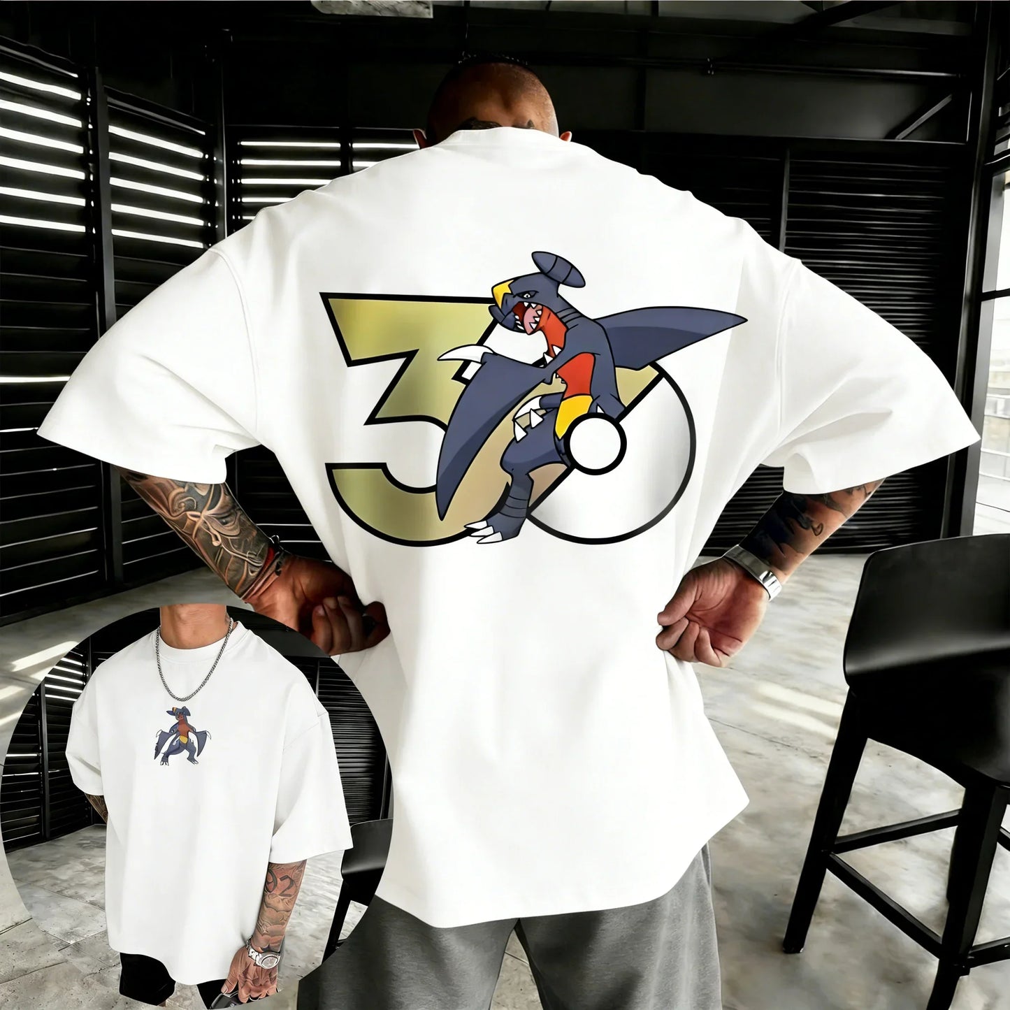 30th Anniversary Garchomp Printed T-shirt Summer Men's and Women's Loose Casual Hip Hop Trendy Short Sleeve Top