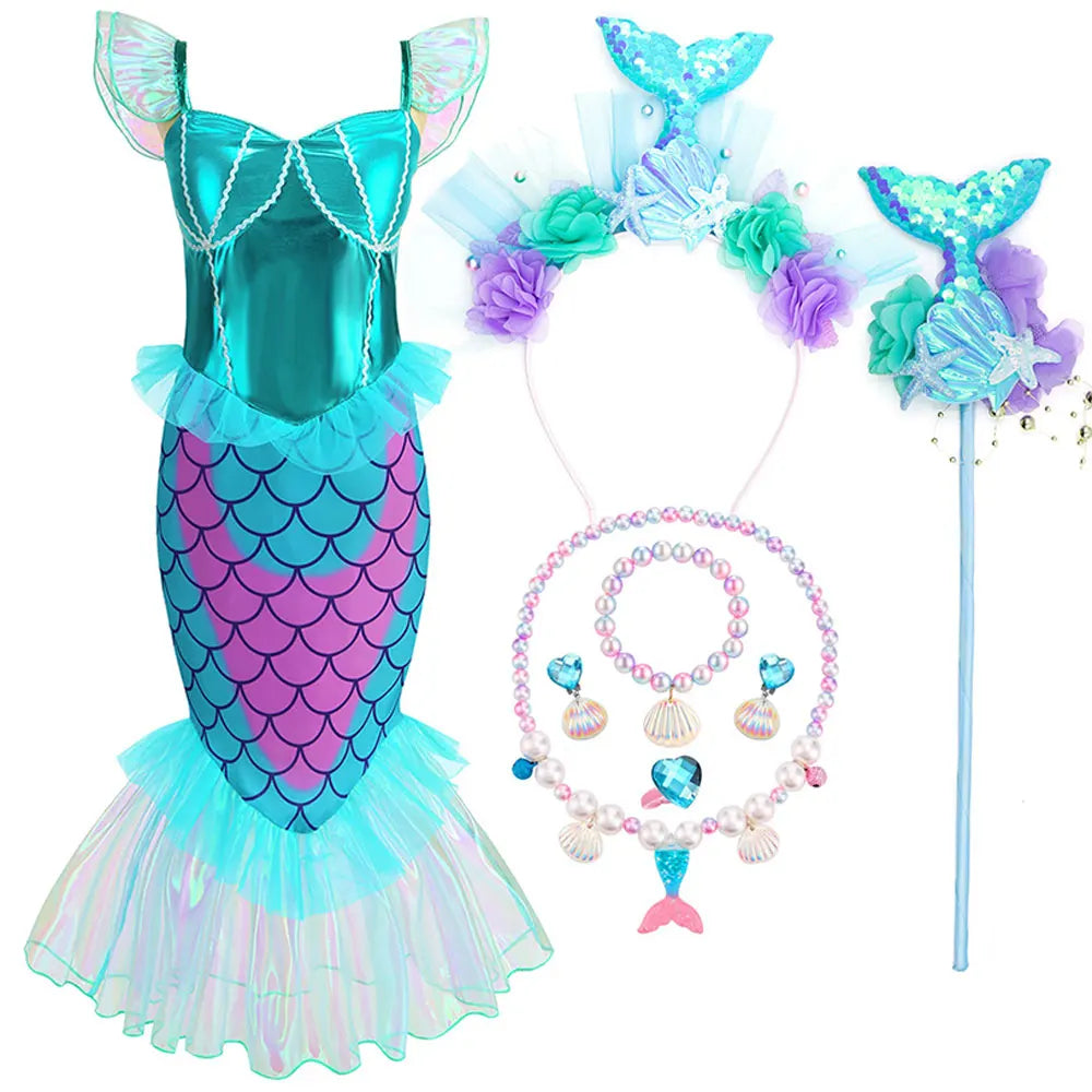 Blue Red Purple Three Colors Mermaid Flying Sleeve Fishtail Beautiful Dress For Girl Summer Beach Party Cool Swimsuit Set