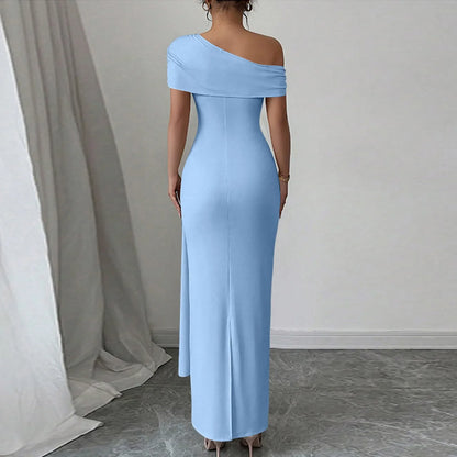 Vestidos Longos de Festa Sensuais para Mulheres, Vestido de Cor Sólida sem Mangas com Decote Diagonal, Vestido Maxi Plissado Justo, Vestido Bodycon Moderno