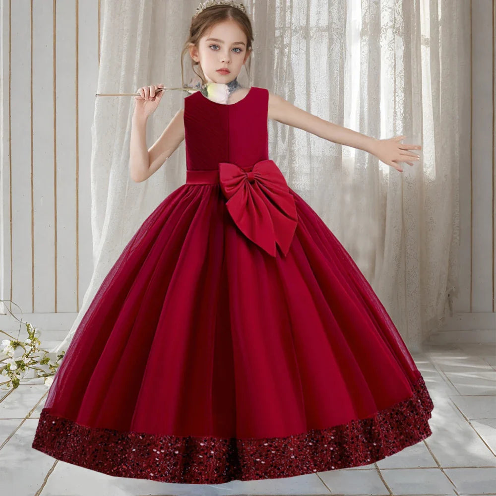 Teen Girls Luxury Big Bow Evening Gown Wedding Bridesmaid Party Dress For Girl Kids Sequin Princess Birthday Dresses Summer Wear