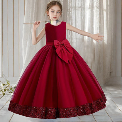 Teen Girls Luxury Big Bow Evening Gown Wedding Bridesmaid Party Dress For Girl Kids Sequin Princess Birthday Dresses Summer Wear