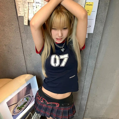 Japanese Y2k T Shirt Vintage Harajuku Short Sleeve Patchwork Tops American Retro Jersey T-shirt 2000s Grunge Aesthetics