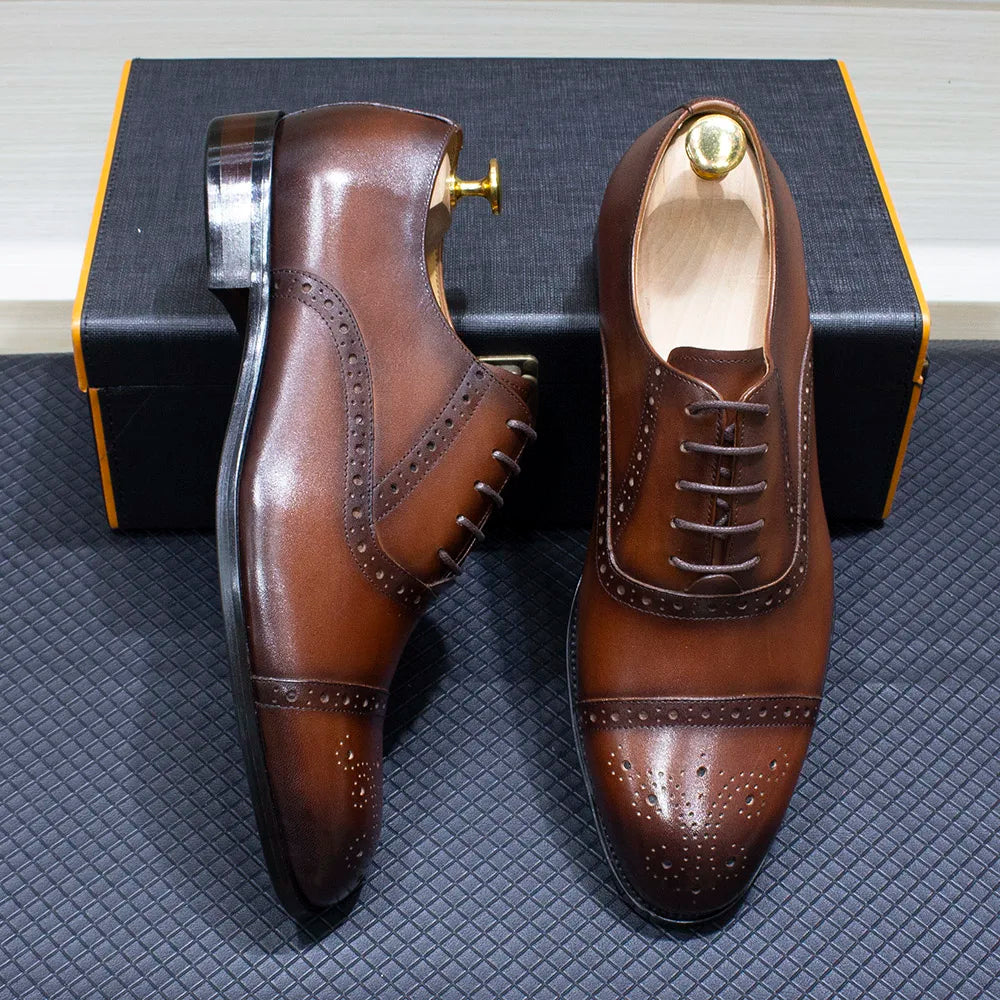 Luxury Genuine Leather Calfskin Cap Toe Oxfords Men's Dress Shoes Italian Style Lace-Up Wedding Business Formal Shoes for Men