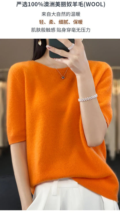 100% pure wool T-shirt spring and summer new women's O-neck pullover short sleeve loose five-sleeve sweater high-end top