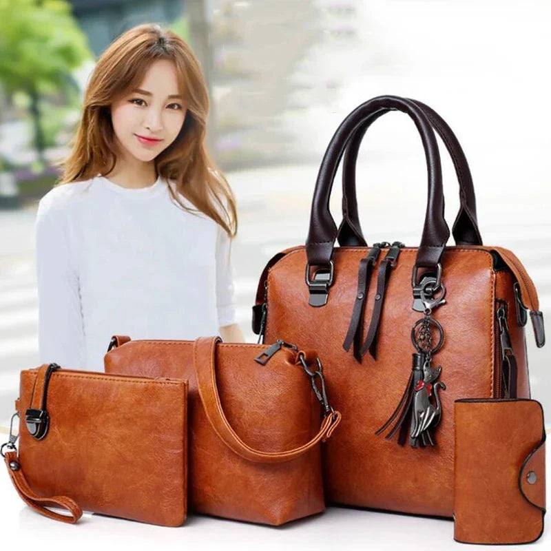 Bolsa Com Tassel Composto Feminina Bolsa De Couro De Luxo Bolsas De Marcas Famosas Designer Bolsa De Ombro Feminina Com Alça Superior 4 Peças/Conjunto