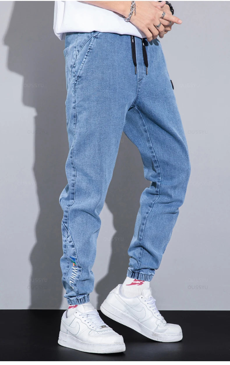 Four Seasons Blue Cargo Jeans Men Streetwear Denim Jogger Pants Baggy Harem Jean Trousers Male Oversize Large size4 5 6 7XL 8XL