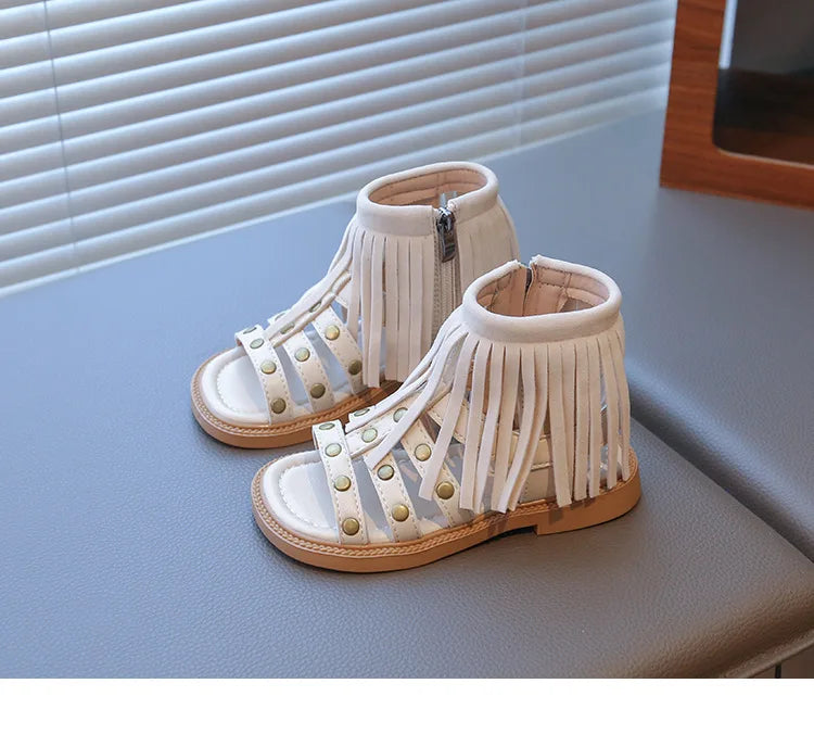 England Style Fashion Tassel Sandals Summer New Side Zipper Rivet High-top Sandals Student Beige Brown Roman Shoes Fringe I05235