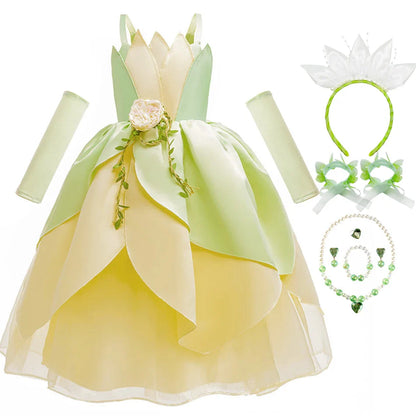 Kids Girl Tiana Dress for Girls Birthday Party Halloween Ball Gowns Evening Birthday Fancy Layered Costume Floral Fairy Clothing