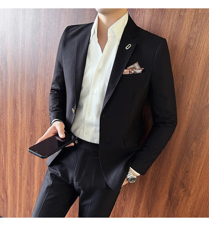 Men's Korean Style Slim Fit Suit Set, High Quality Fabric Solid Color Edge Pressing for Wedding Business