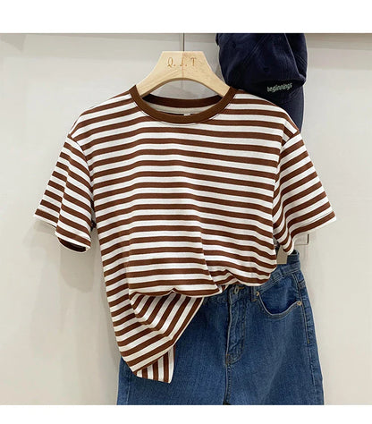 Summer Short Sleeve Striped T-Shirts Versatile Women Knitted Basic Casual Tops Female Cozy Loose Cotton Tees 2023 Harajuku Shirt