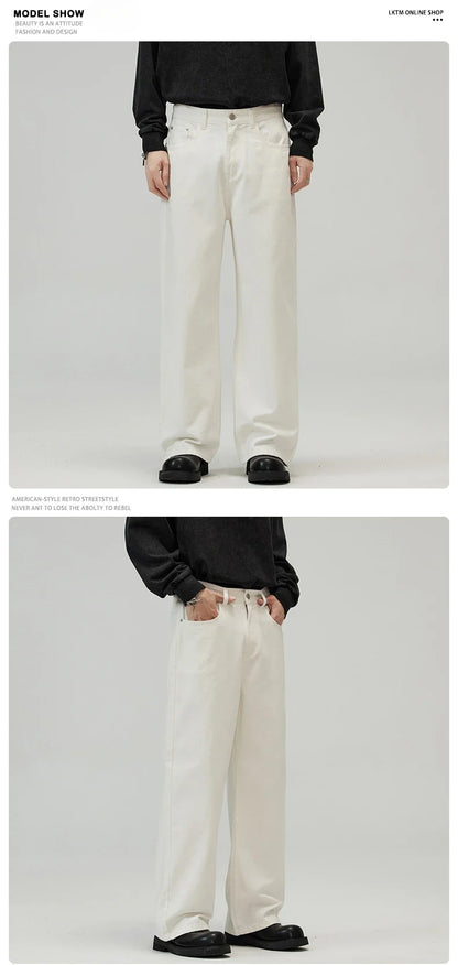 100％ Cotton Men's Baggy Straight Jeans Comfortable Soft Casual Pants Fashion Korean White Brown Denim Trousers Male Clothing