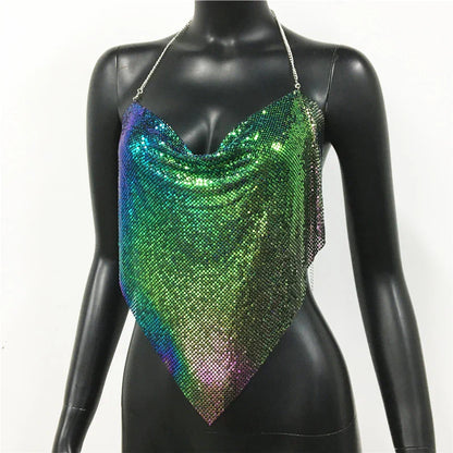Shiny Metal Sequins Tank Tops For Women Sexy Backless V Neck Adjustable Chain Crop Top Lady Festival Rave Party Club Camisole