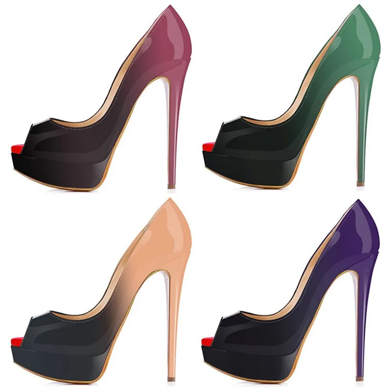 2026 New Women Pumps Sexy Platform Peep Toe 14cm Extremely High Heels Stiletto Patent Leather Party Nighclub Red Wedding Shoes