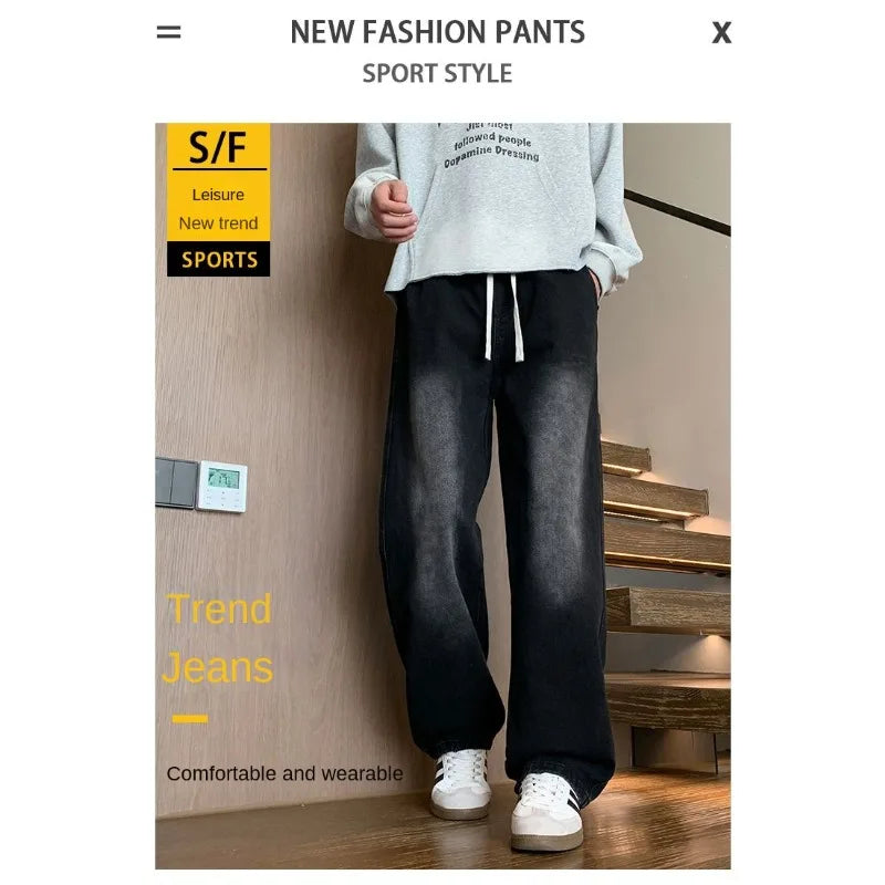 Calças masculinas casuais, calças retas soltas, primavera verão, nova moda, jeans masculinos de cintura alta com pernas largas