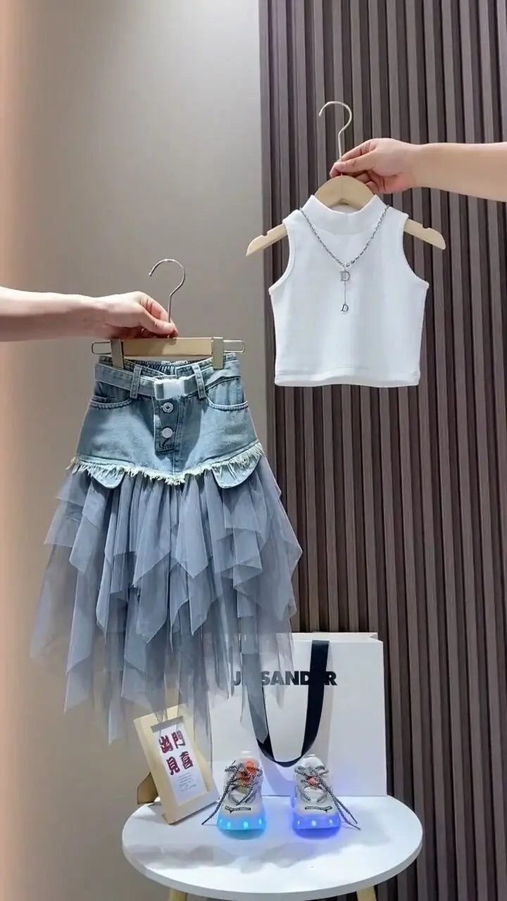 Girls' Summer New Set 2025 Korean Version Baby Girl Tank Top Mesh Splicing Cowboy Skirt Set kids jacket