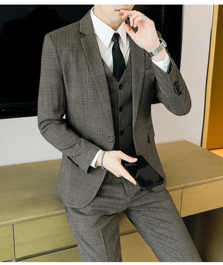 Hemp (blazer+Vest+Pants) Fashion Business Leisure Hosts Slim-fit Cotton Hemp Gentleman Wedding Work Wedding Suits for Men M-5XL
