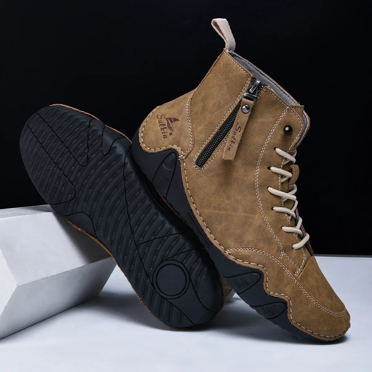 New 2025 Handmade Casual Shoes Men Sneakers Ankle Boots Leather Side Zipper Comfortable Breathable Anti-Slip Outdoor Walking