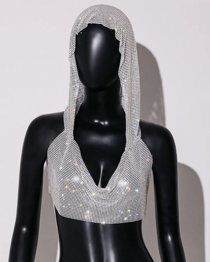 2025 Summer New Rhinestone Hooded Crop Top Sexy Deep V Neck Backless Sleeveless Glitter Tank Top Rave Nightclub Party Camisole