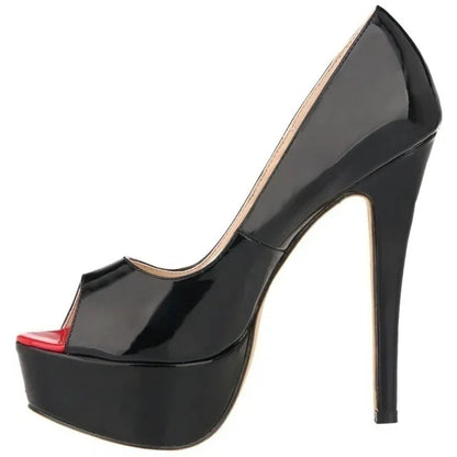 2026 New Women Pumps Sexy Platform Peep Toe 14cm Extremely High Heels Stiletto Patent Leather Party Nighclub Red Wedding Shoes