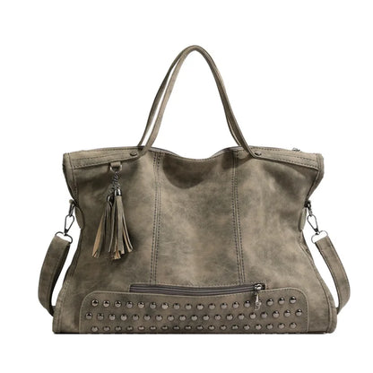 Vintage Designer Luxury Women Tote Bag Casual Lage Capacity Handbags Fashion Rivet Tassel PU Leather Female Shoulder Bag