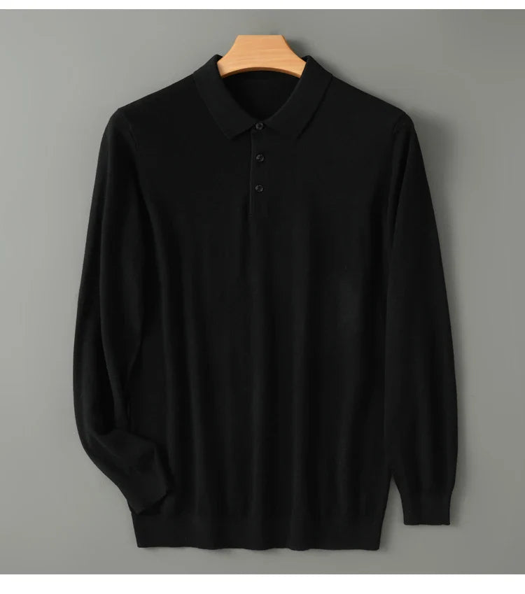 Spring Autumn Men Shirt  Merino Worsted Wool Knitted Pullover Long Sleeve Polo-Collar Clothing Tops Smart Casual Thin Outerwears
