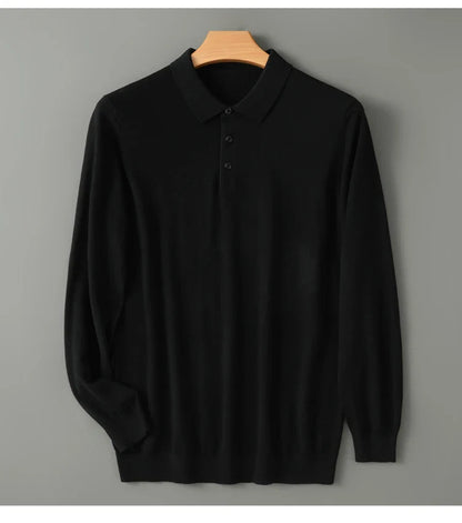 Spring Autumn Men Shirt  Merino Worsted Wool Knitted Pullover Long Sleeve Polo-Collar Clothing Tops Smart Casual Thin Outerwears