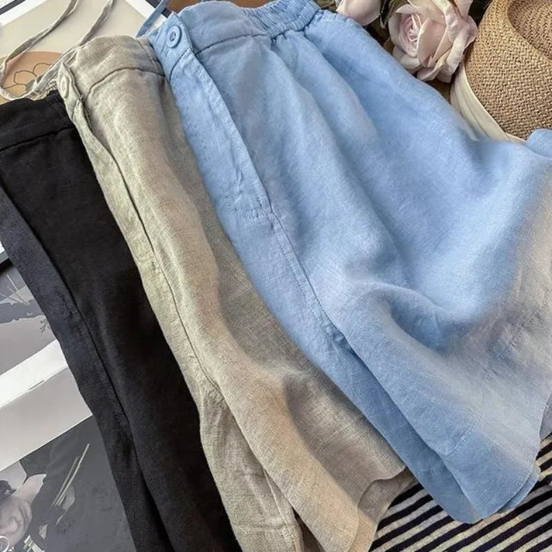 Japanese Simple Solid Color Pure Cotton Linen Casual Versatile Straight Elastic Waist Shorts Women's Middle Pants
