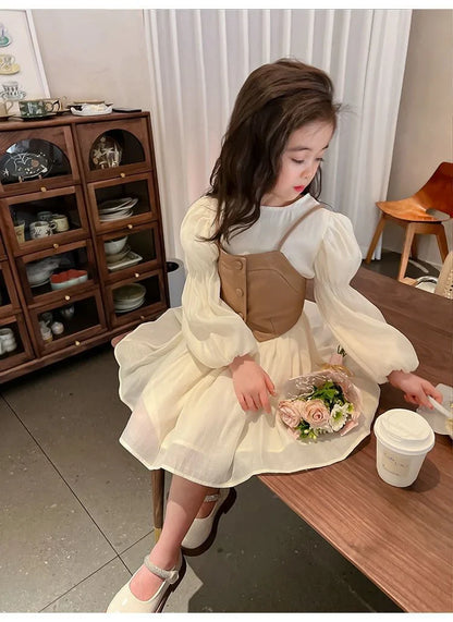 Spring Autumn Girls Dress Set Long Sleeve Children's Retro PU Leather Vest Dress Set Teenage Girls Clothing Suit 4 6 8  12Y