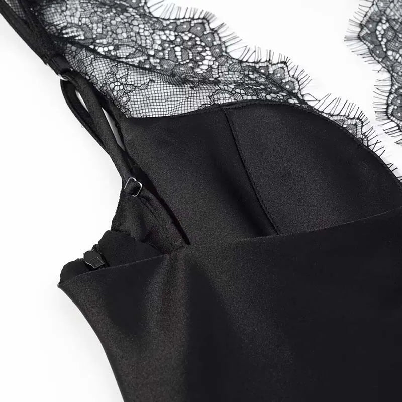 Black Satin Lace V-Neck Camisole Top for Women Cropped Y2k Harajuku Fashion Elegant Sleeveless Shirt Blouse Female