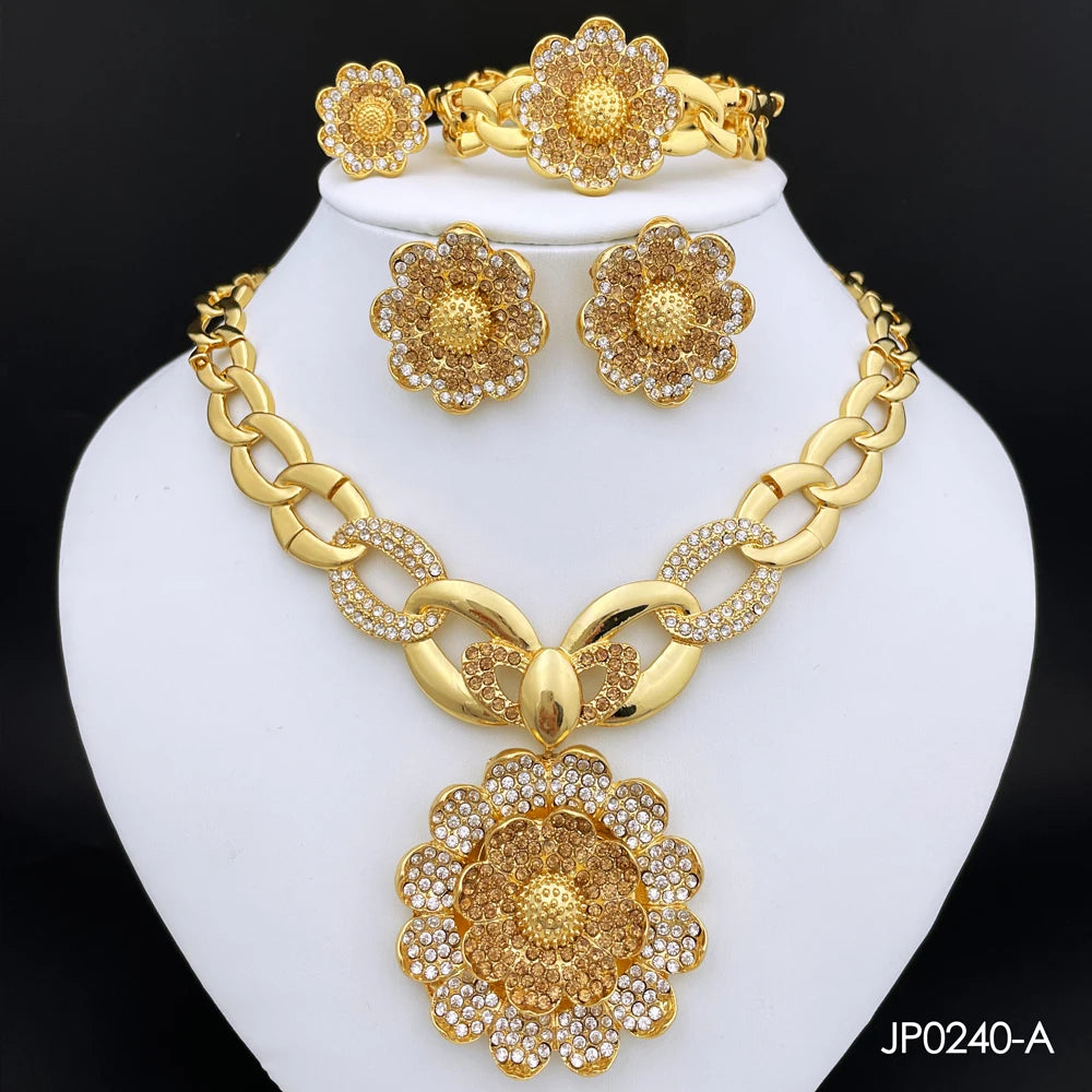 Vintage Jewelry Sets For Women Plant Flower Big Pendant Quality Necklace Earrings Ring Bracelet Set Jewelry Trending
