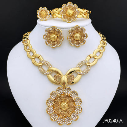 Vintage Jewelry Sets For Women Plant Flower Big Pendant Quality Necklace Earrings Ring Bracelet Set Jewelry Trending