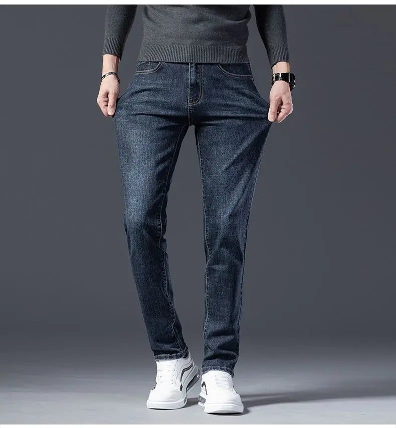 Autumn Winter High Quality Elastic Mens Jeans Cargo Slim Fit Denim Pencil Trousers Midweight Long PantsHighHigh  Jeans Man