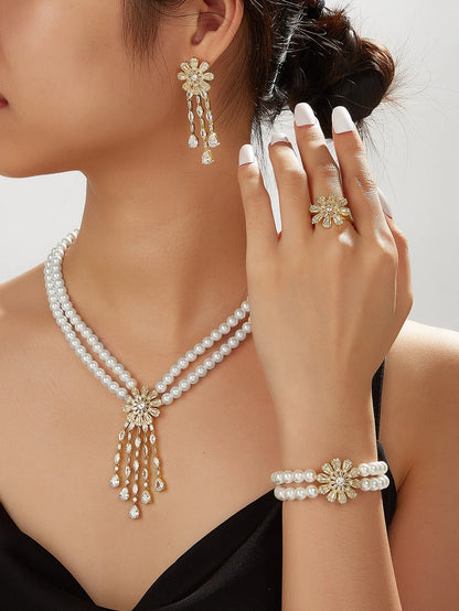 Trendy Pearl Tassel Necklace 4PCS Jewelry Set For Women Wedding Party Full Zircon Dubai Bridal Jewelry Set Gift