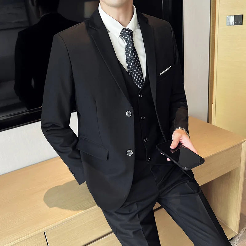 Men's High-Quality 3-Piece Business Casual Wedding Suit Vest Trousers Set Handsome Fashion Banquet Clothing S-6XL