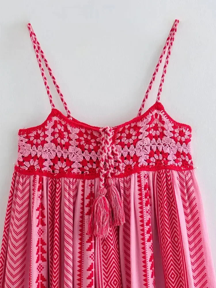 Women Bohemian Midi Dress Vacation Charm Splice Knitted Vintage Strap Dress Women Vestidos Mujer