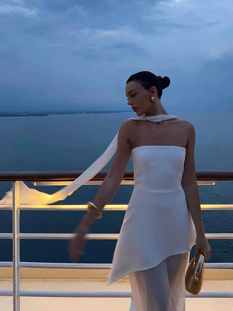 Fashion Strapless Dress With Ribbon Female Elegant Sleeveless Mesh Beach Vacation Long Dress 2025 Spring New Women Dress