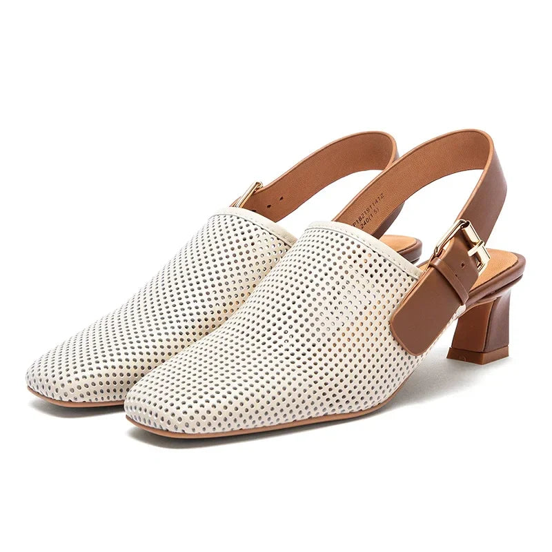 Women's shoes Luxury brand summer sandals leather medium high heel hollow breathable temperament girls shoes 35-40 yards