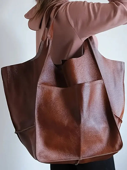 Retro Minimalist Tote Bag Large Capacity Shopping Bag Fashion PU Leather Soft Leather Shoulder Bag