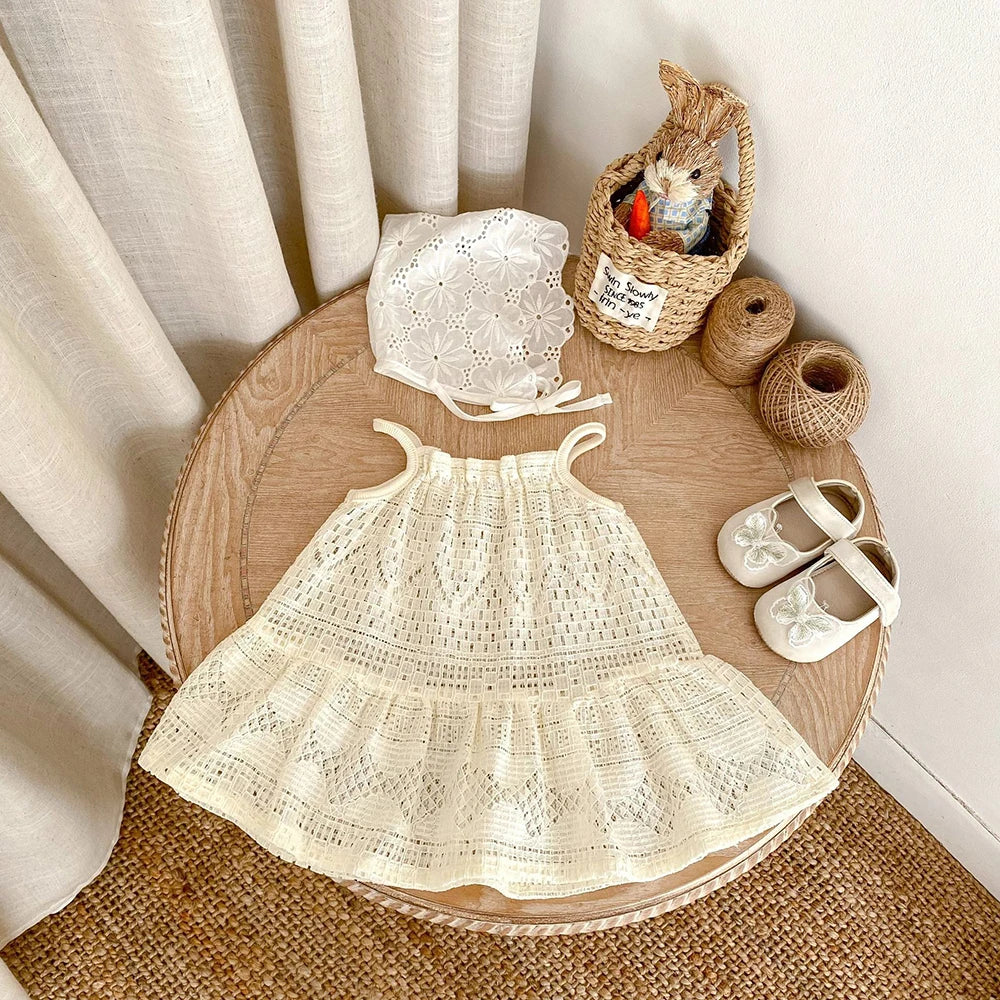 2025 New Summer Girls Lace Hollow Out Ruffled Straps Princess Dress Kids Party Dresses Baby Girls Fashion Summer Outfit