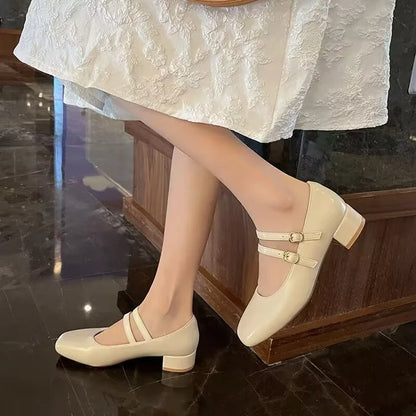 2025 New Women's Burgundy Patent Leather Mary Jane Pumps - Vintage-Inspired Double Gold Buckle Low Block Heel Dress Shoes