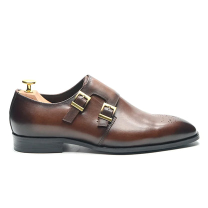 Italian Style Luxury Genuine Leather Monk Strap Men's Formal Shoes Double Buckles Brogue Pointy Toe Business Office Dress Shoes