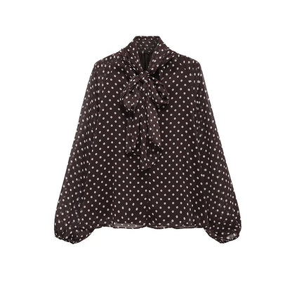 Polka Dot Printed Women Shirt 2026 Spring New Bow Tied Blouse Woman Tops Lady Ruffles Long Sleeve Loose Elegant Blouses Top ﻿