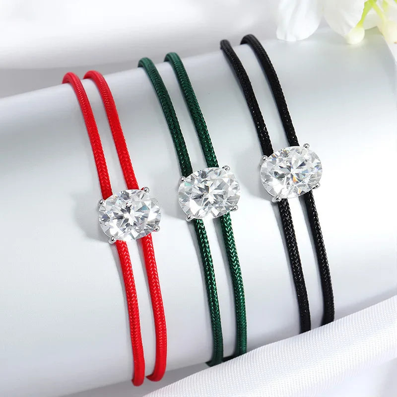 3CT Oval Cut Moissanite Braided Cord Bracelets for Women Men Adjustable Sliding-Knot Dainty Pure S925 Silver Chain D VVS1