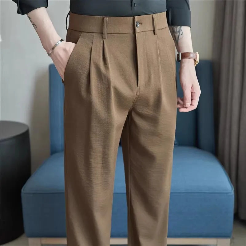 Summer Lightweight Suit Pants Men Solid Color Straight Smart Casual Suit Trousers Mens Half Elastic Waist Full Length Pants