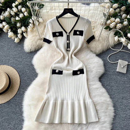 Fashion Knitted Mermaid Dress 2026 New Elegant V-neck Buttons Ribbed Sweater Dress Lady Bodycon Party Vestidos