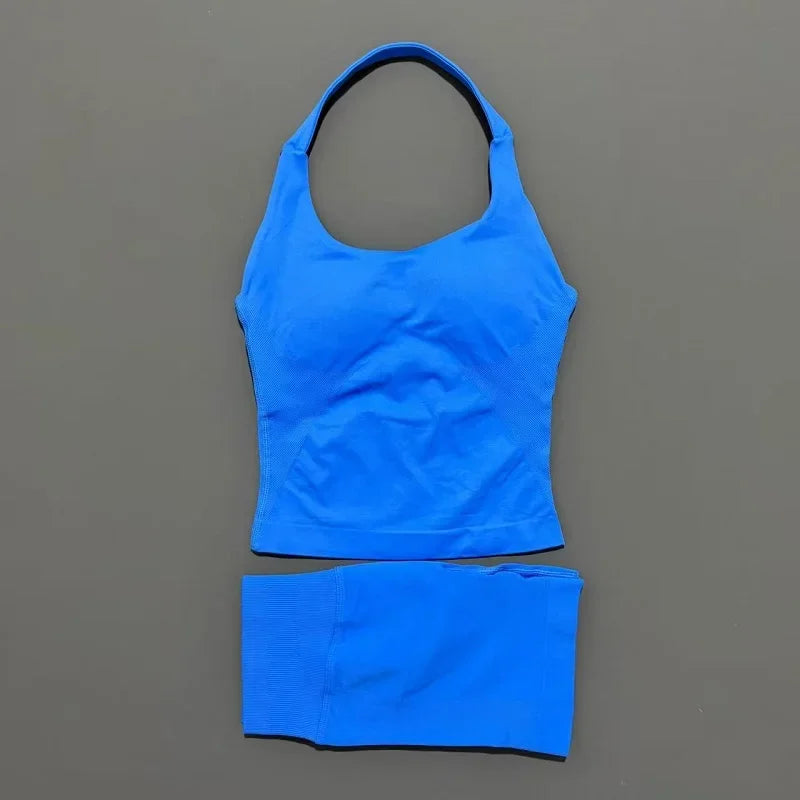 Women Seamless Gym Set 2Pcs Halter Neck Sports Crop Top High Waist Scrunch Butt Shorts Workout Fitness Yoga Tracksuit Sportswear