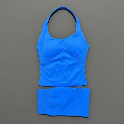 Women Seamless Gym Set 2Pcs Halter Neck Sports Crop Top High Waist Scrunch Butt Shorts Workout Fitness Yoga Tracksuit Sportswear