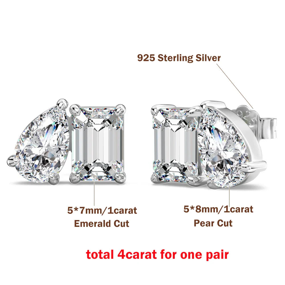 4cttw Radiant/Emerald&Pear Cut Moissanite Stud Earring with Certificate 2Diamond Ear Studs for Women Wedding S925 Silver Jewelry