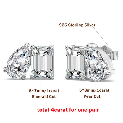 4cttw Radiant/Emerald&Pear Cut Moissanite Stud Earring with Certificate 2Diamond Ear Studs for Women Wedding S925 Silver Jewelry